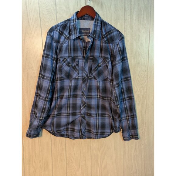 American Eagle Shirt Mens Large Western Pearl Snap Plaid Vintage Fit Blue - Picture 1 of 6
